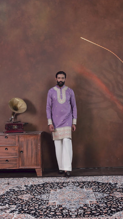 Royal Lavender Embroidered Men’s Kurta Pajama Set