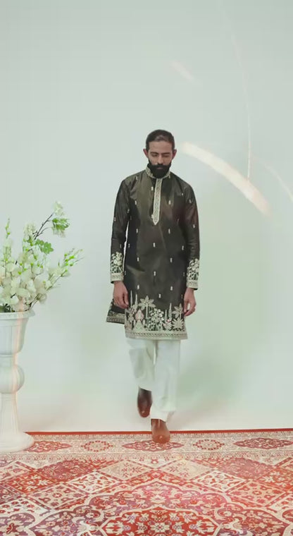 Luxury Olive Green Embroidered Men’s Kurta