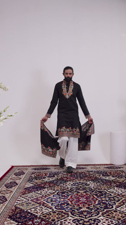 Midnight Noir Floral Embroidered Men’s Kurta Set with Shawl