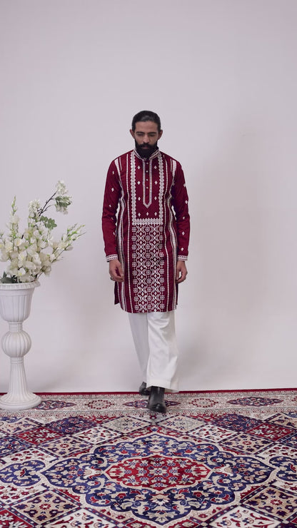 Maroon Embroidered Men’s Kurta