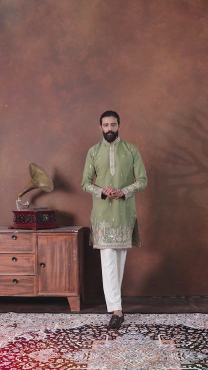 elegant olive green embroidered kurta