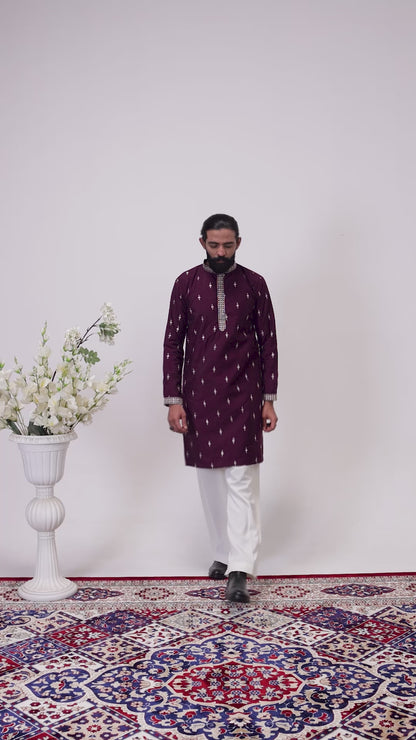 Elegant Plum Embroidered Men’s Kurta Pajama Set