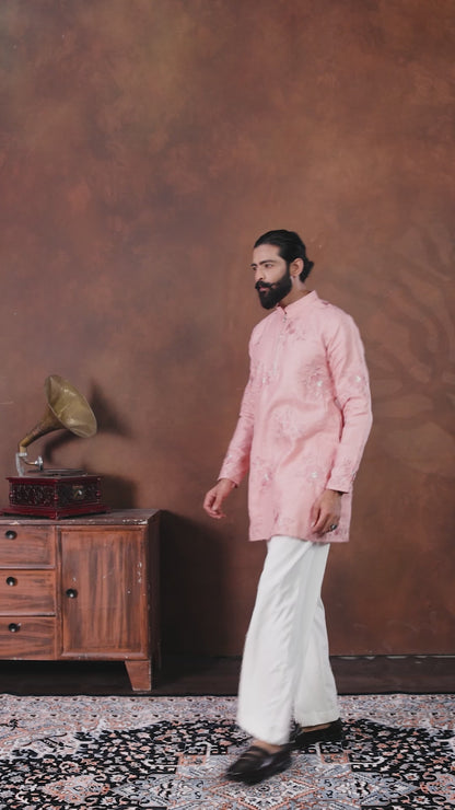 Blush Pink Floral Embroidered Men’s Kurta Set