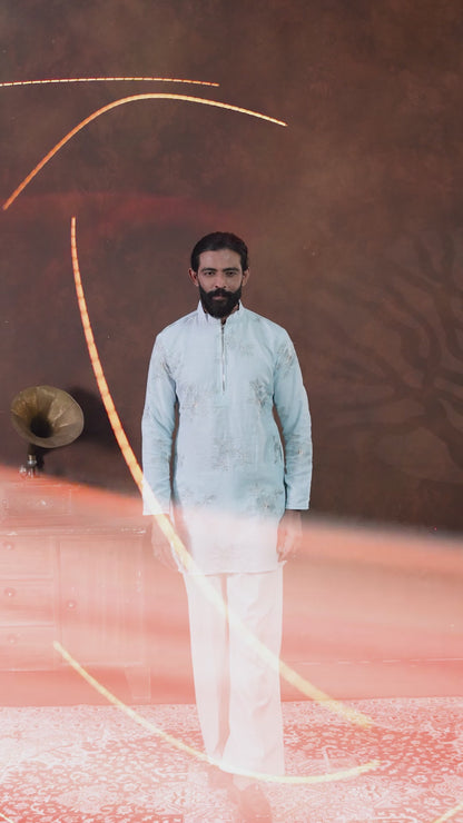 Sky Blue Floral Embroidered Men’s Kurta Set