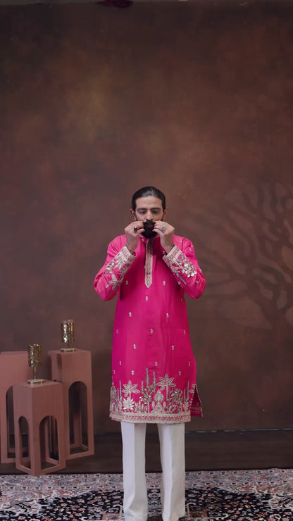 Fuchsia Pink Embroidered Men’s Kurta Set