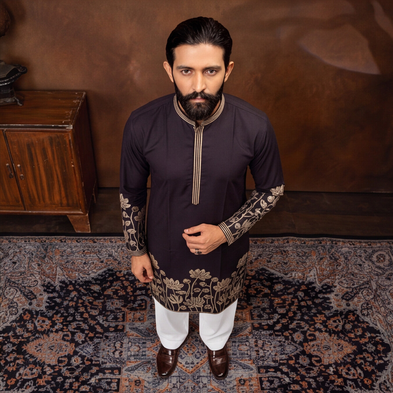 Midnight Black Lotus Embroidered Men’s Kurta Set