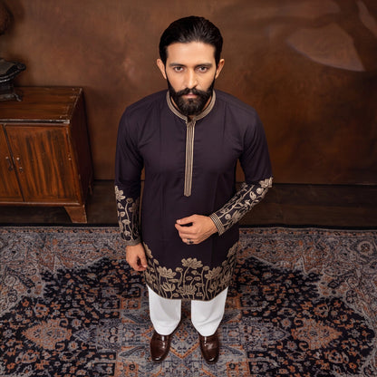 Midnight Black Lotus Embroidered Men’s Kurta Set